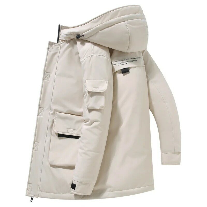 Medium length down jacket with loose and thickened hooded trendy work clothes and warm down jacket