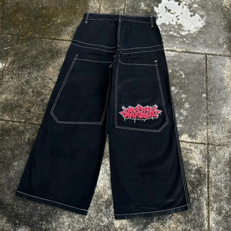 Grafik bestickte Baggy Jeans Streetwear Y2K Jeans Männer Frauen Hip Hop Retro Gothic hohe Taille breite Hose Harajuku schwarze Hose