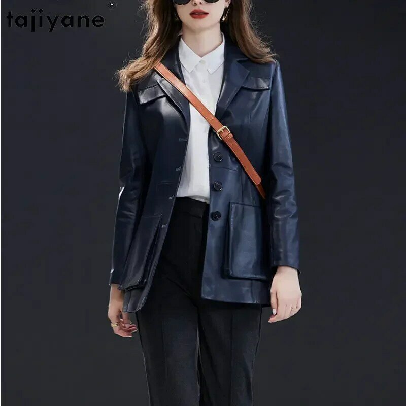 Tajiyane-jaqueta de couro de carneiro genuína para mulheres, casaco casual de comprimento médio, couro real, colarinho de terno, com cordões