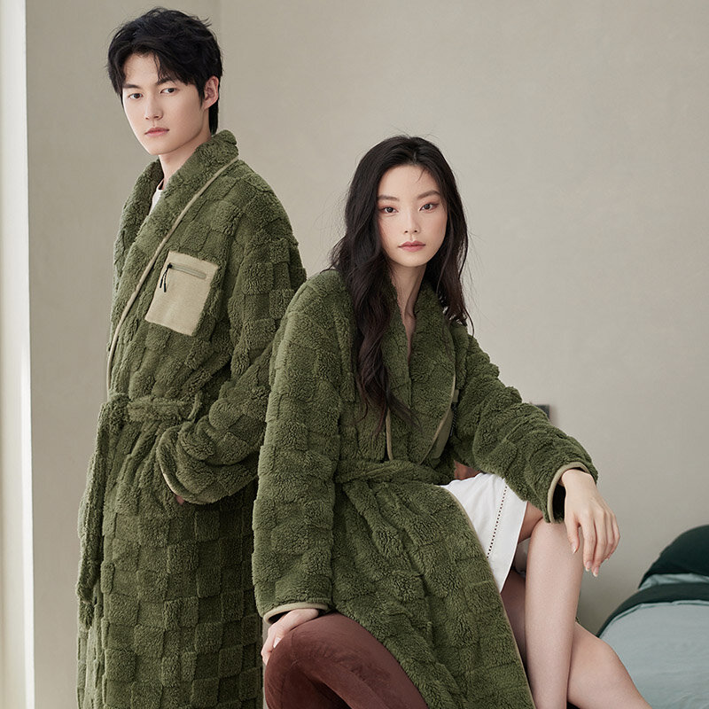 Winter Flannel Couple Long Sleepwear Robes Thick Terry Robe Female Long Sleeve Kimono Warm Bathrobe Home Wear Peignoir Men Robe
