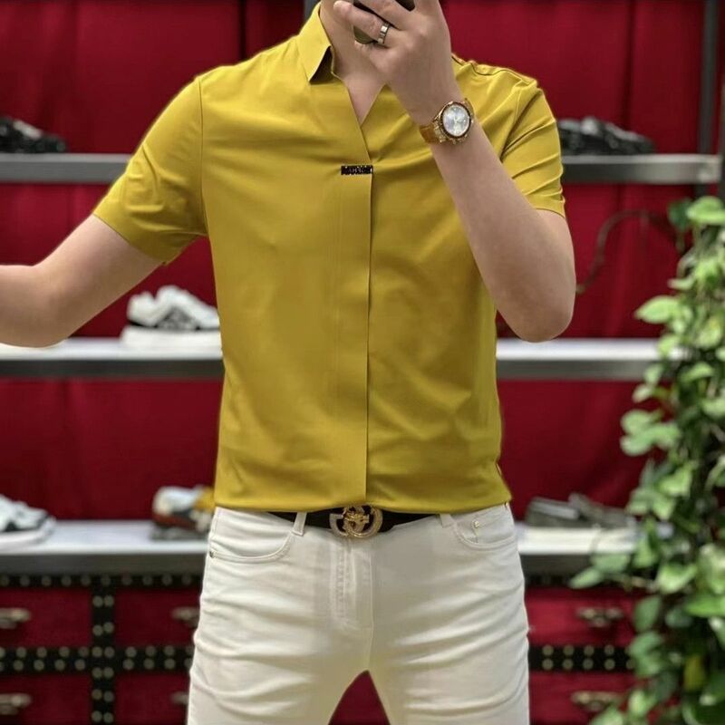 Streetwear Mode Männer Kleidung Business Slim Shirt Sommer neue koreanische soziale Smart Casual dünne Revers vielseitige Kurzarm Tops