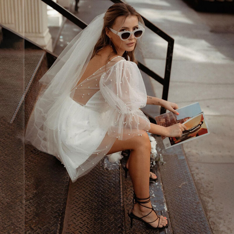 Perły zdobione Mini druga suknia ślubna z krótkim rękawy typu lampion kwadratowym dekoltem bez pleców prawdziwe zdjęcia słodki, szykowny suknie ślubne