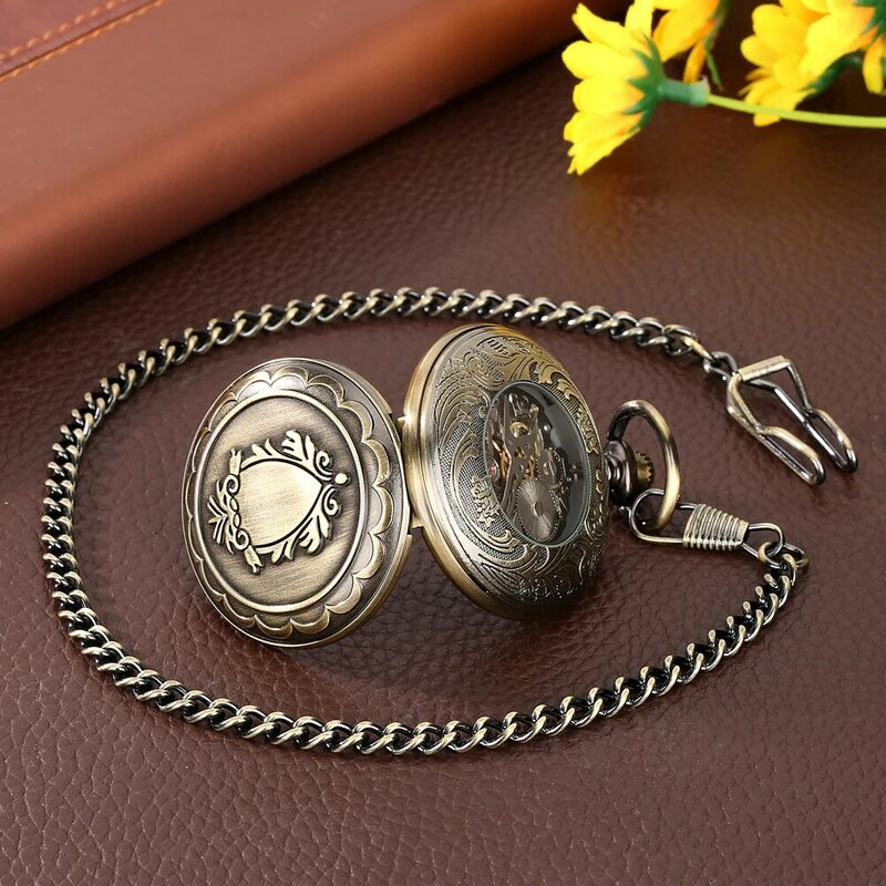 Wzór tarczy z brązu męski zegarek kieszonkowy ręczne nakręcanie mechaniczne modne niebieskie cyfry arabskie w stylu Vintage Steampunk zegar kieszonkowy