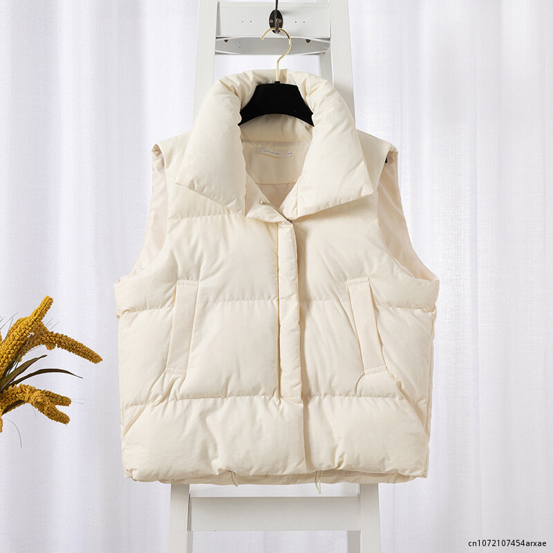 Rompi Puffer wanita, tanpa lengan musim dingin kerah berdiri, jaket mantel katun empuk hangat tebal