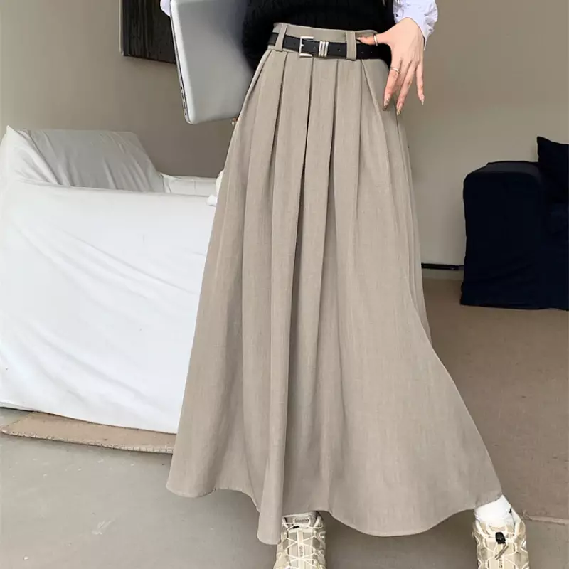 Rok wanita Korea, rok panjang wanita, gaya Korea, warna Solid, serbaguna, panjang menengah, rok lipit besar, rok jenis ayunan, rok panjang wanita L525