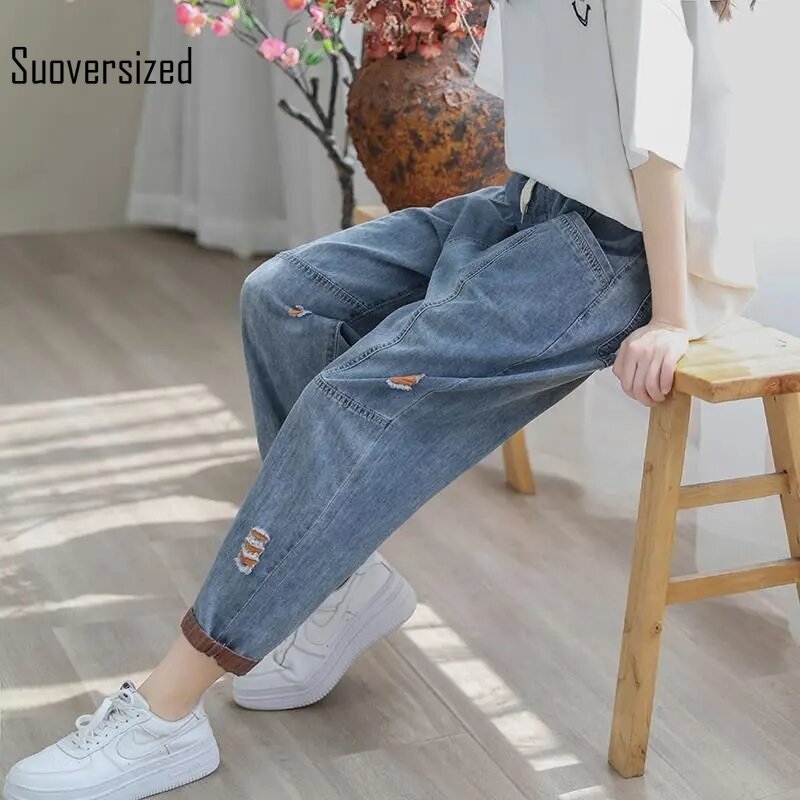 Ripped Splice Baggy Ankle-Length Harem Jeans Women Elastic High Waist Denim Pant Casual Vaqueros Blue Trousers Korean Pantalones