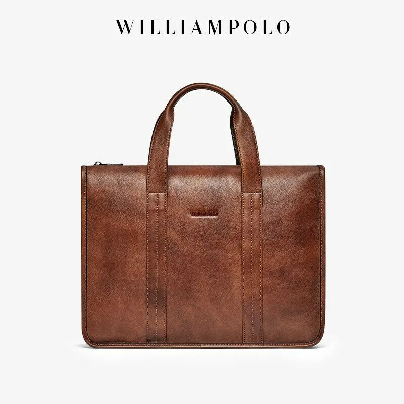 WILLIAMPOLO 남성용 서류 가방, 비즈니스 가죽 가방, 다기능 숄더 메신저 백, 작업 핸드백, 14 인치 노트북 가방