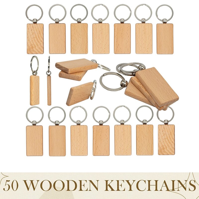 100 buah gantungan kunci kayu kosong kayu gantungan kunci kayu belum selesai untuk kerajinan DIY (bulat + persegi panjang)