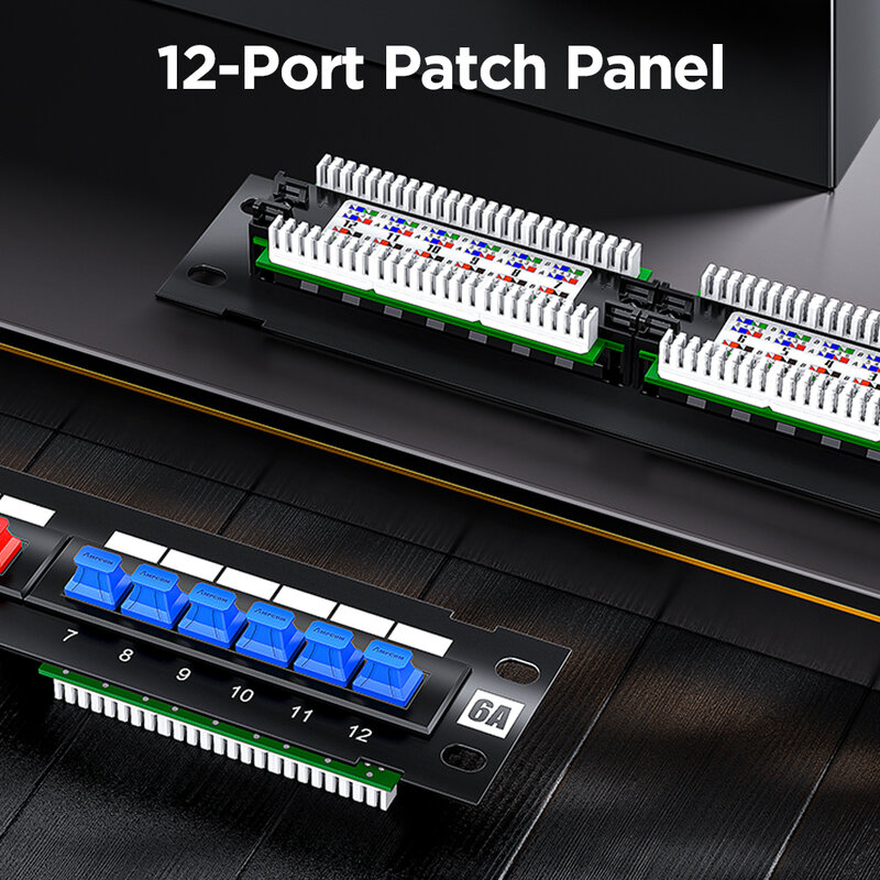 AMPCOM Panel Patch 12-Port Cat 6A / Cat6UTP Panel Patch Mini dengan braket Wallmount termasuk hitam