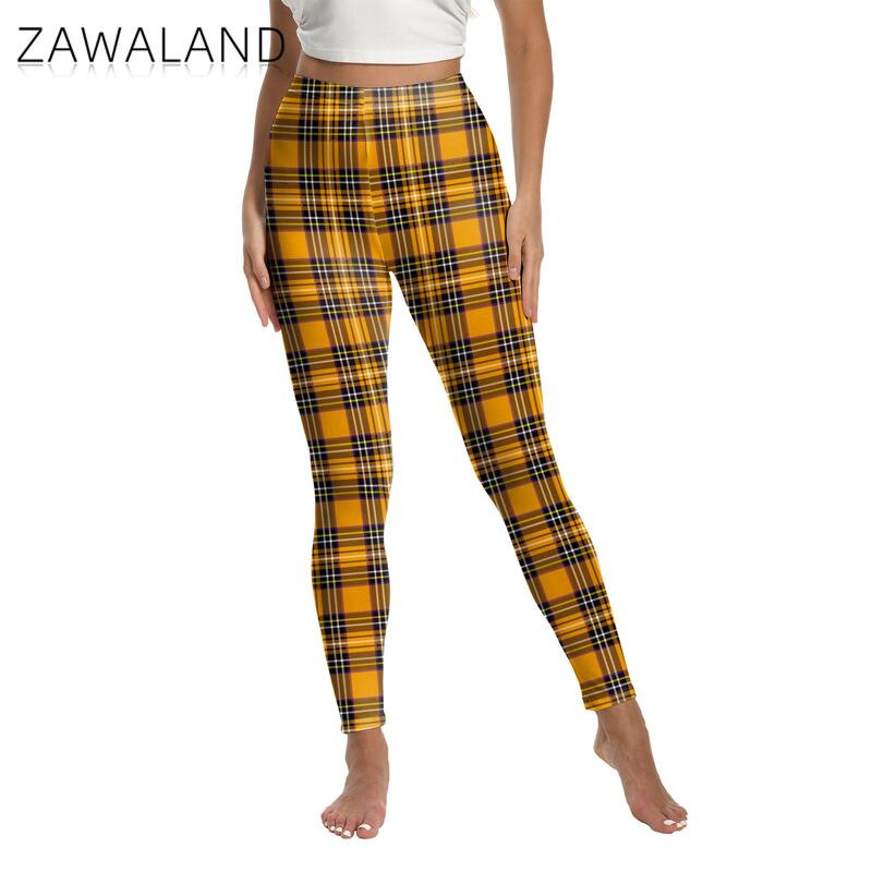 Zawaland Women Pants Yellow Tartan 3D Printing Leggings Halloween Stripe Trousers Female Elastic Tights Mid Waist Long Pants