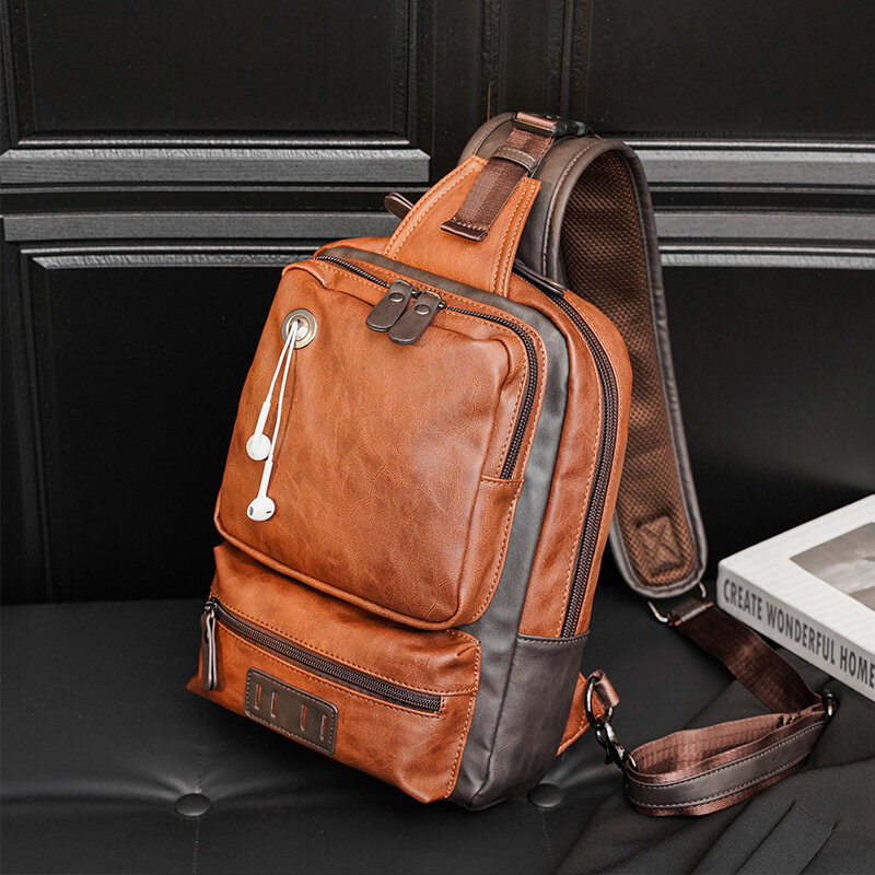 2023 New Large Capacity Men Chest Pack Korean Style PU Leather Messenger Bag Outdoor Chest Bag Male Casual Shoulder Bag