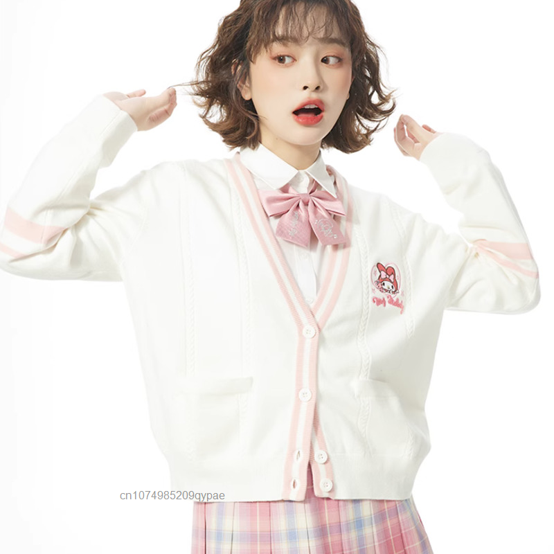 Kawaii Sanrio Hello Kitty haft sweter z dzianiny kobiety Cute Cartoon Cinnamoroll Y2k Girl sweter płaszcz w stylu college'u