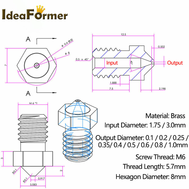 Bico de latão roscado M6 para impressora 3D, filamento, E3D, V5, V6, Hotend Extrusora, 0.2mm, 0.25mm, 0.3mm, 0.4mm, 0.5mm, 0.6mm, 1.0mm, 1,75 milímetros, 3,0 milímetros, 5 PCes, 10 PCes