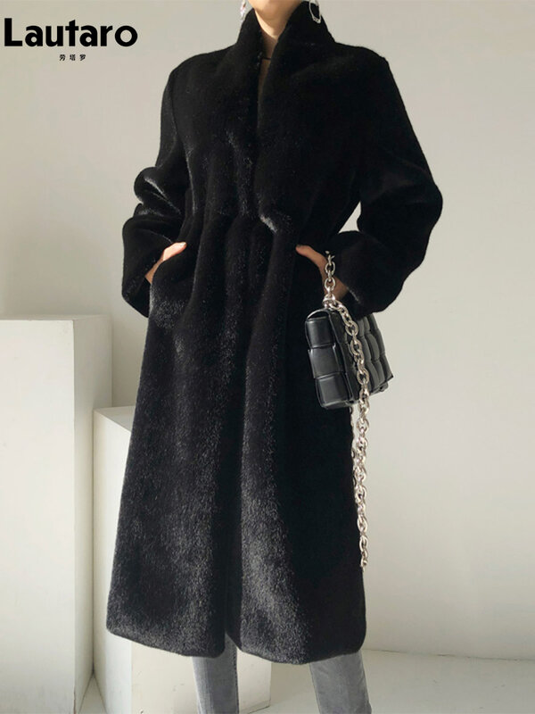 Lautaro Winter Long Black Luxury Elegant Stylish Thick Warm Fluffy Hairy Soft Faux Mink Fur Coat Women Stand Collar Sashes 2023