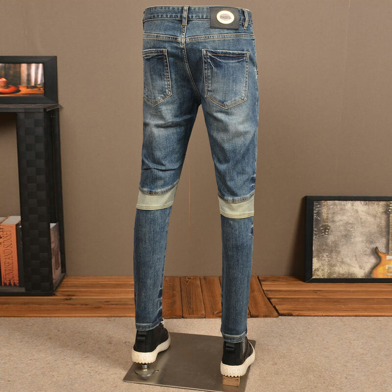 High Street Fashion Heren Jeans Retro Blue Stretch Slim Fit Gesplitste Designer Biker Jeans Homme Patched Hip Hop Denim Broek Heren
