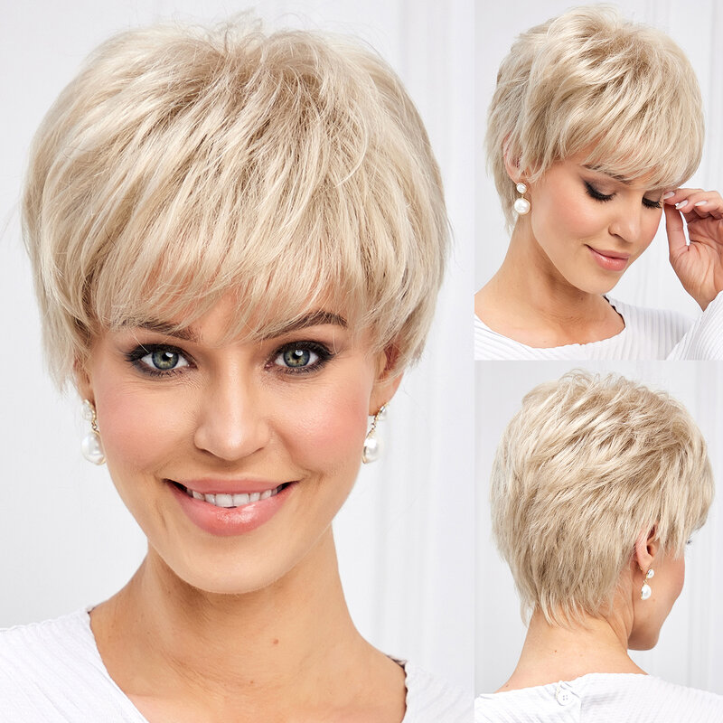Krótkie blond syntetyczne peruki dla kobiet z prostym warstwowym peruki z grzywką naturalnym dziennym mieszanką włosów Kanekalon peruka syntetyczna