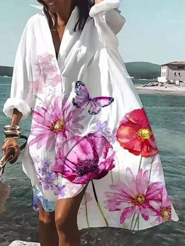 فستان نسائي للشاطئ بأكمام طويلة مع طية صدر مطبوعة ، فساتين فضفاضة ، ترفيه ، نعمة ، موضة ، حفلة ، جديد ، خريف ،
