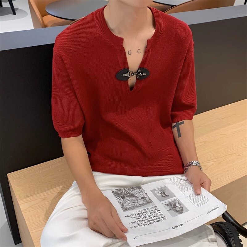 Pullovers Heren V-Hals Zomer Unisex Breigoed Koreaanse Mode Minimalistische Gemoederen All-Match Kleding Knappe Volwassen Designer Harajuku