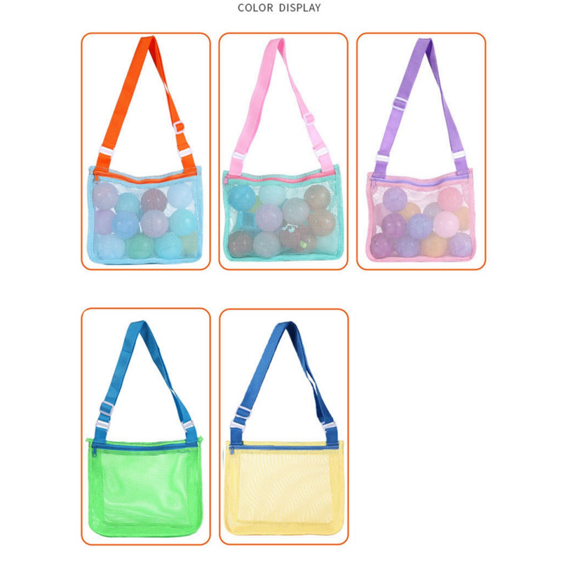 6 buah tas mainan pantai jaring warna-warni tas pantai anak-anak tas koleksi cangkang tas penyimpanan mainan pasir dengan tali pembawa yang dapat disesuaikan
