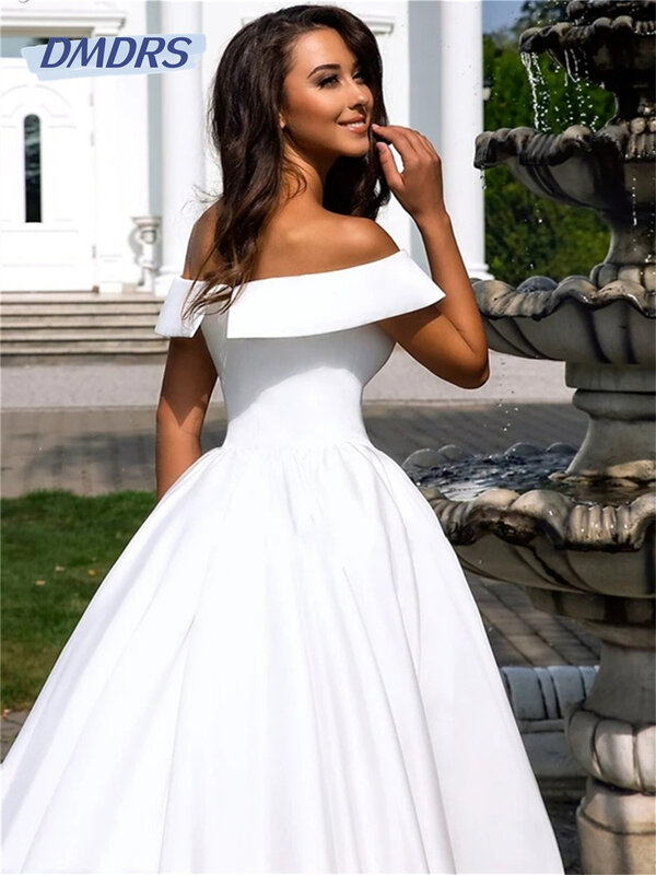 Gaun pengantin bahu terbuka 2024 elegan Satin gaun pernikahan romantis A-line gaun panjang lantai gaun pengantin Vestidos De Novia