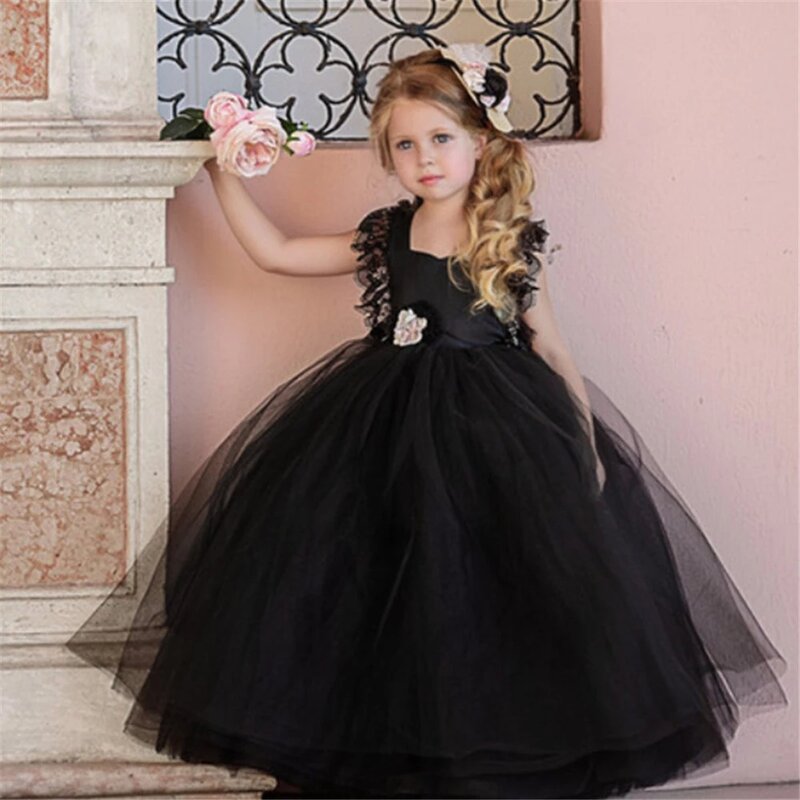 Vestido de niña de flores para boda, tul negro hinchado, sin mangas, apliques de encaje, fiesta de cumpleaños de princesa, vestidos de baile de primera comunión