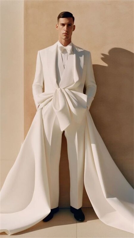 Biały zestaw garnitury męskie wykonany na zamówienie długi pociąg kurtka 2-częściowy blezer + spodnie luksusowy wybieg bal pan młody smoking ślubny płaszcz