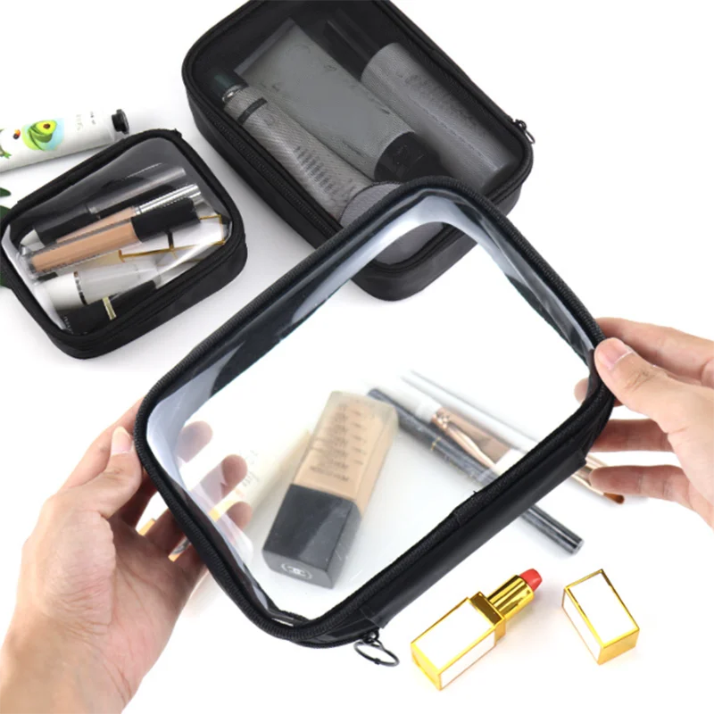 Black Transparent Travel Cosmetic Bag Fashion Waterproof TPU Toiletry Bag New Makeup Storage Bag Clear Zipper Cosmetic Bag