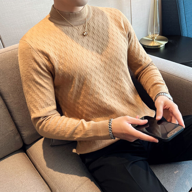 Merek Pakaian Pria Musim Dingin Tetap Hangat Setengah Leher Tinggi Rajutan Kotak-kotak Sweater Pria Slim Fit Fashion Kasual Rajut Sweater Pullover