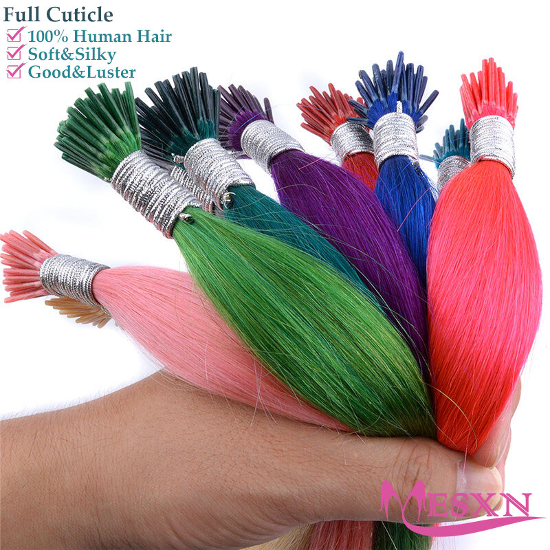 Mesxn-自然な人間の髪の毛のエクステンション,いくつかの色,紫,青,ピンク,灰色,20インチ,0.5g,ストランドあたり