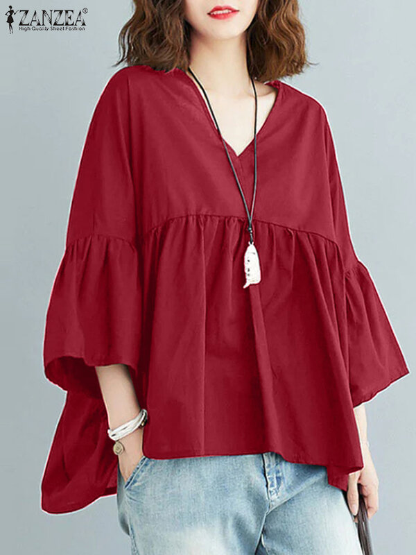 ZANZEA Women Solid Color Flare 3/4 Sleeve Tops Pleating V-neck Blouse Shirt 2024 Summer Fashion Tunic Holiday Casual Loose Blusa