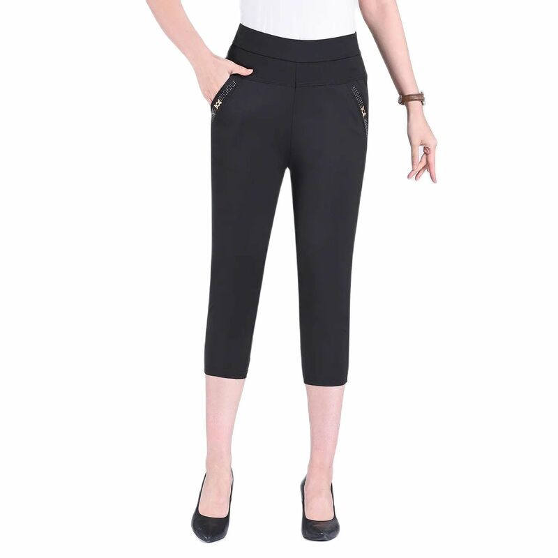 Women Breeches Ladies Pencil Pants Summer Pockets Button Skinny Calf Length Pants Casual Stretch 3/4 Trousers Female Capris