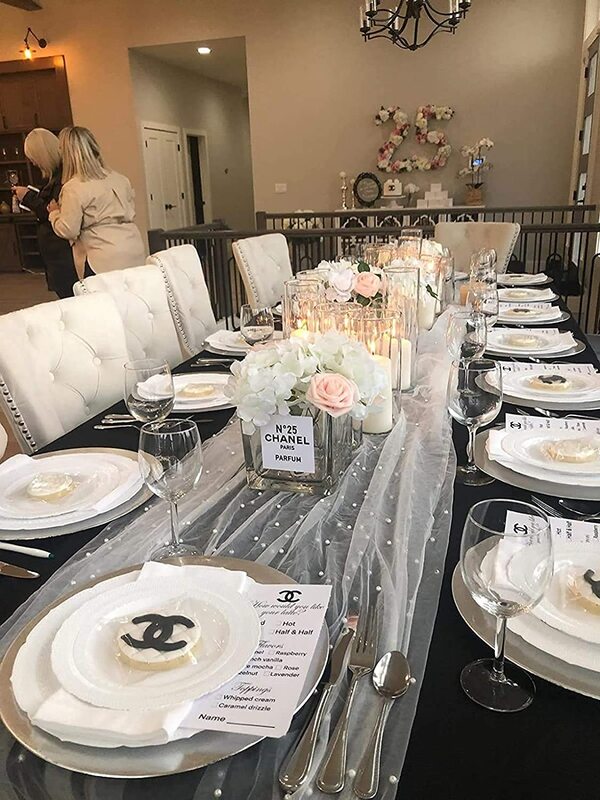 진주 얇은 명주 그물 테이블 러너, 흰색 식탁보, 웨딩 베일 직물, 웨딩 아치 디저트 테이블 장식
