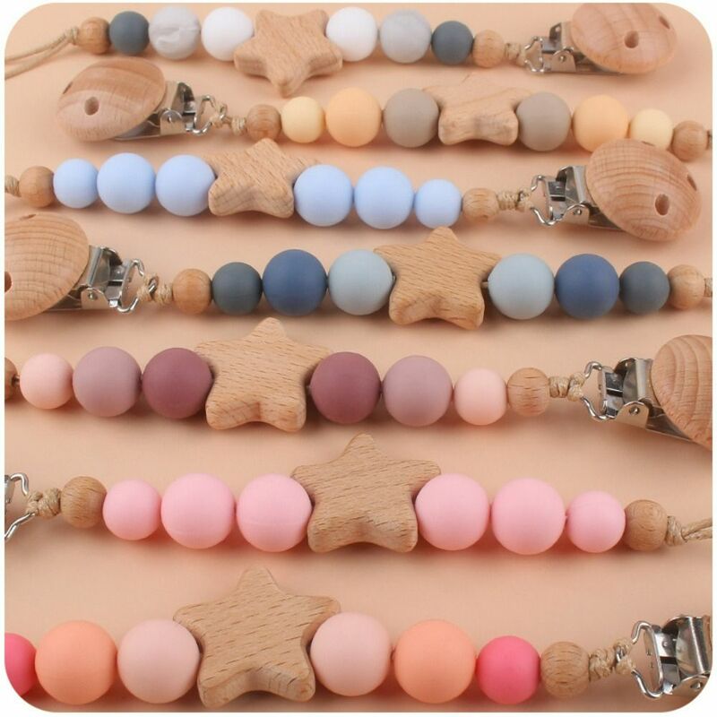 Cute Toddler Children Wood Nipple Holder Clips Baby Teether Toys Straps Dummy Clips Baby Pacifier Chain Pacifier Holder Clips