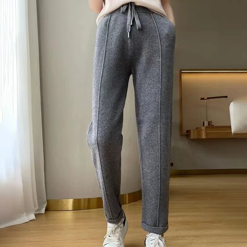 Women's High Waist Cashmere Pants, Casual Knitted Pencil Pants, 100% Pure Wool, Slim, New, Autumn and Winter, 2023