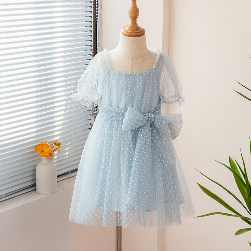 Children's Princess Dress In Green Korean Style Baby Party Dress with Lace Pearl Mesh Flare Sleeves Suitable for Summer L365