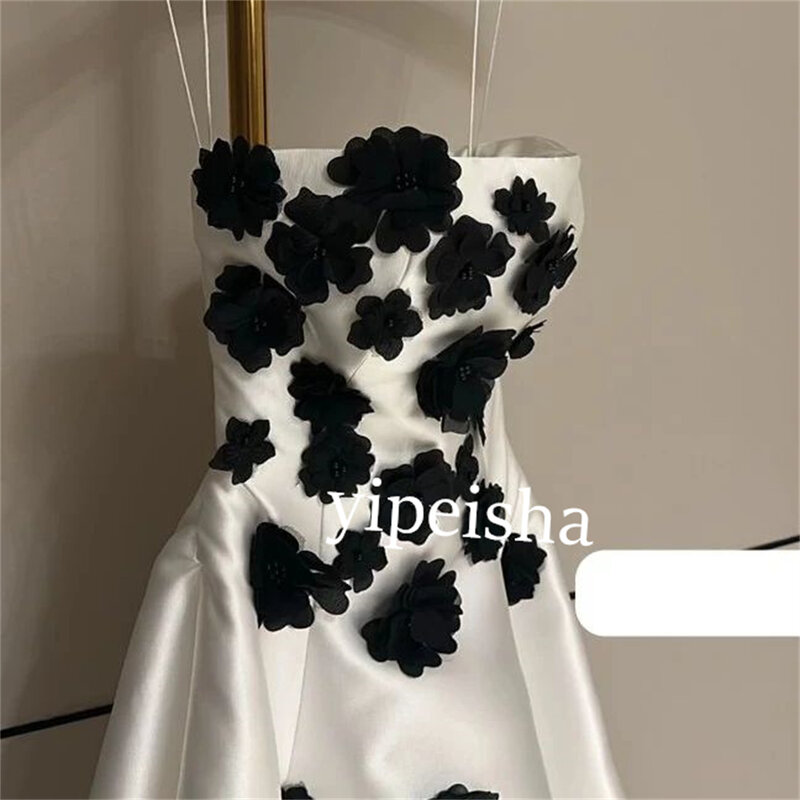 Satin Flower  Pleat Engagement A-line Sheer Straps Bespoke Occasion Gown Midi Dresses