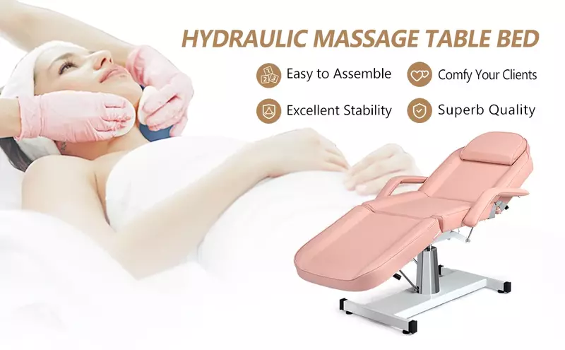 Hydraulic Facial Bed Massage Table, Multi-Purpose 3-Section Tattoo Chair Esthetician Bed, Adjustable Beauty Salon Spa Equipment