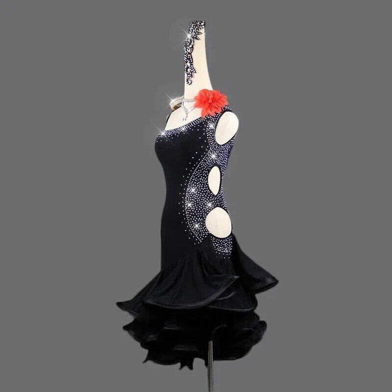 여성용 전문 라틴 댄스 대회 원피스, 섹시한 프린지 스커트, 사교 의류, 카바레 차차 살사 드레스, 블랙 2024