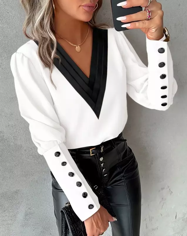 Spring Autumn Fashion V-neck Solid Color Long Sleeved Button Women's Blouse Shirt