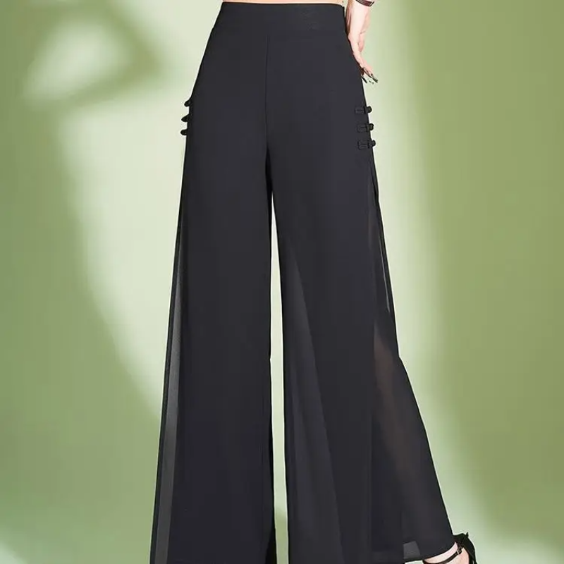 Pantalones de pierna ancha de gasa de doble capa para mujer, Pantalones rectos sueltos coreanos, cintura alta, elásticos, sólidos, botón, moda de verano