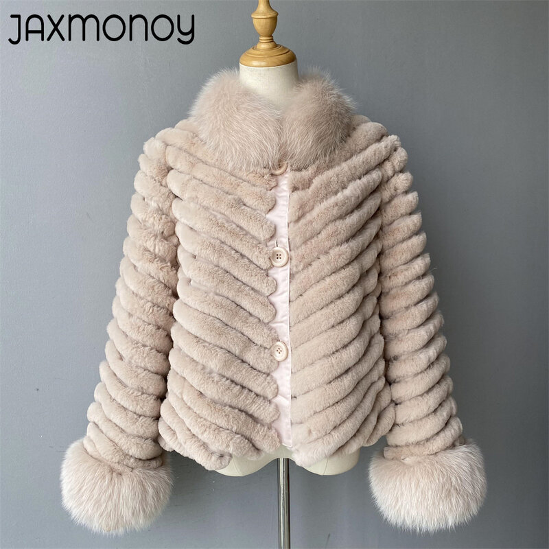 Jaxmonoy Women's Real Rabbit Fur Coat Real Fox Fur Collar And Cuffs Winter Fashion Warm Reversible Fur Jacket Ladies Casaco Fall