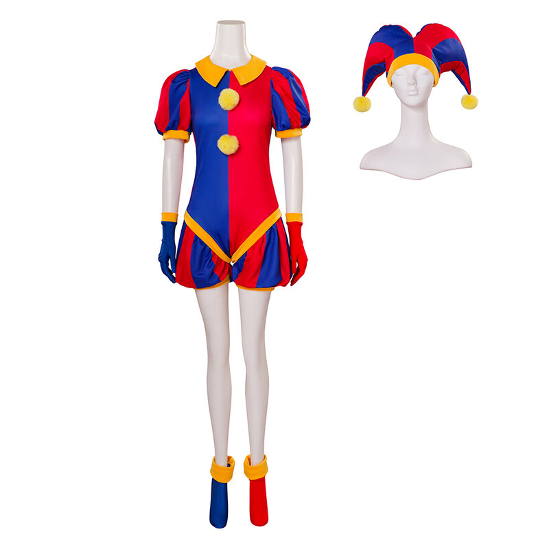 Costume de cosplay numérique LYus Pomni pour femme adulte, combinaison, chapeau trempé, dessin animé Cos, Halloween, fête de Noël, tenue de jeu de rôle