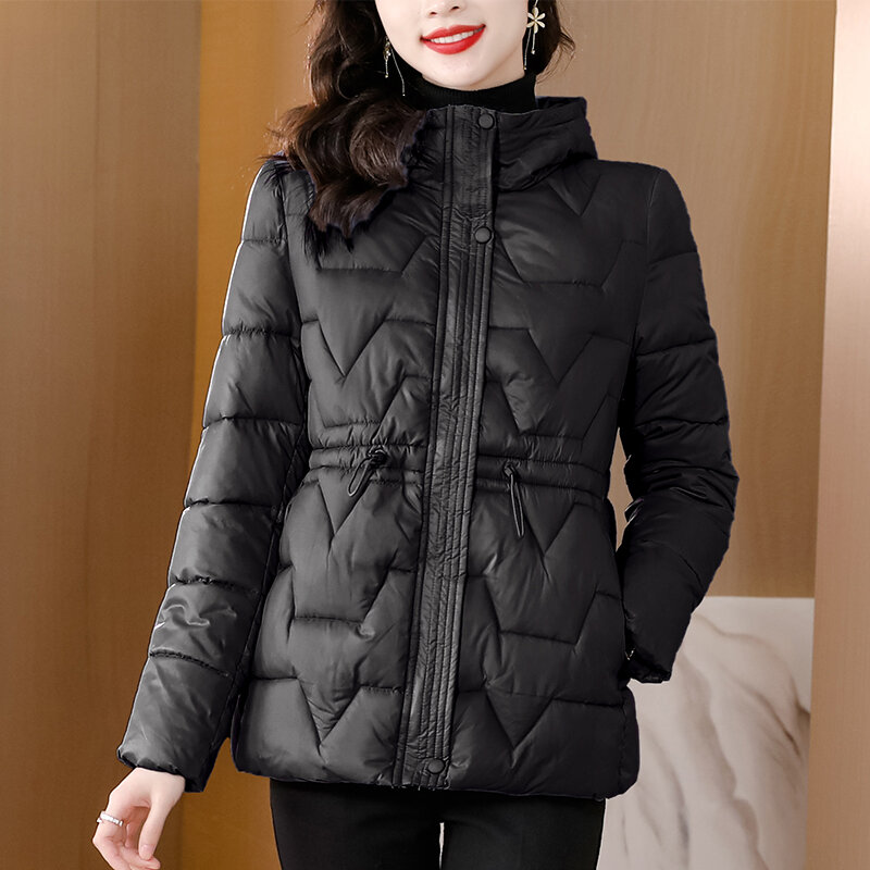 Ropa de algodón con capucha para mujer, abrigo ligero y delgado con envoltura de cintura para adelgazar y cálido, otoño e invierno, 2023