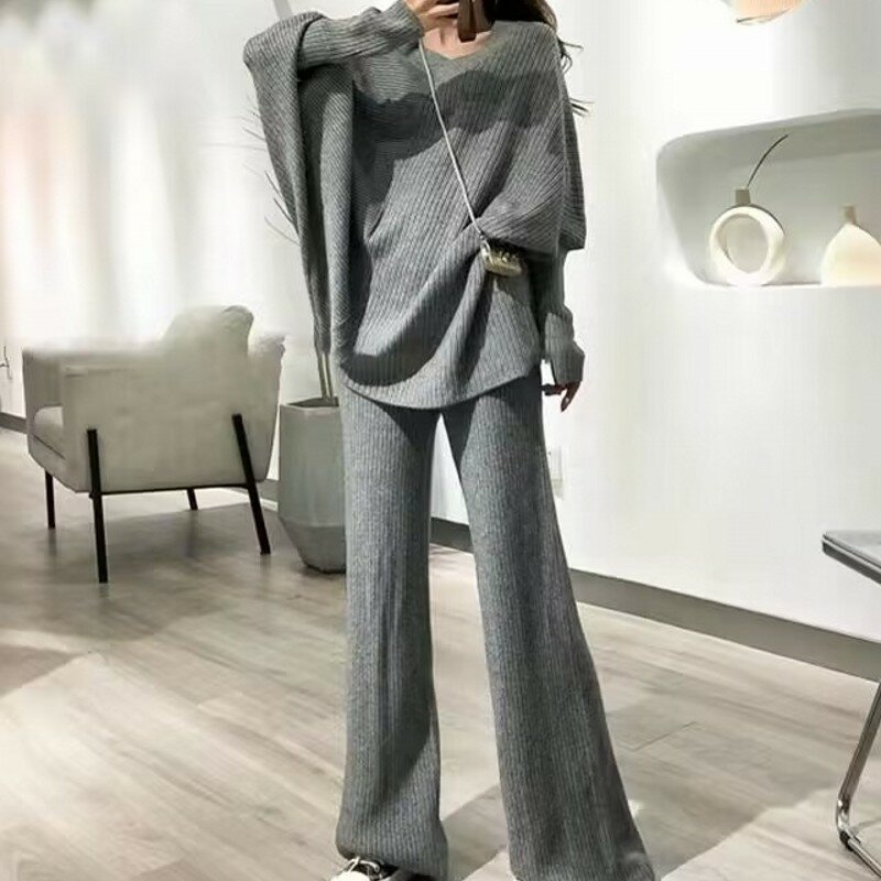 Damski jednokolorowy sweter z dekoltem w szpic, zestaw swetrów luźna dzianina proste spodnie, pasuje do jesienno-zimowej mody biurowej, pani Outfi