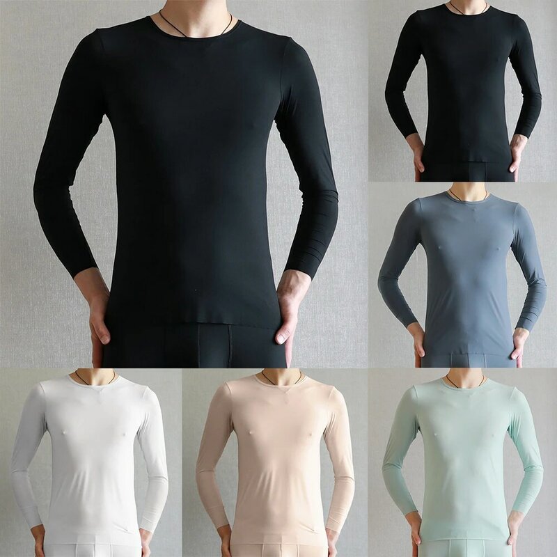 Comfy Fashion Men\'s Top Undershirt Comfortable Fitness Ice Silk Long Sleeve Mesh Muscle Ound Neck Solid Color