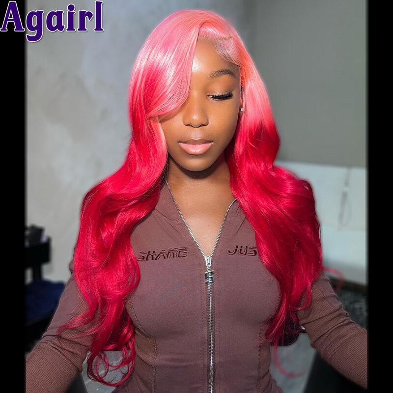 Ombre Pink Red 13X6 Lace Front Body Wave Wig 100% Human Hair Transparent 13x4 Lace Frontal Wig 200 Density PrePlucked for Women