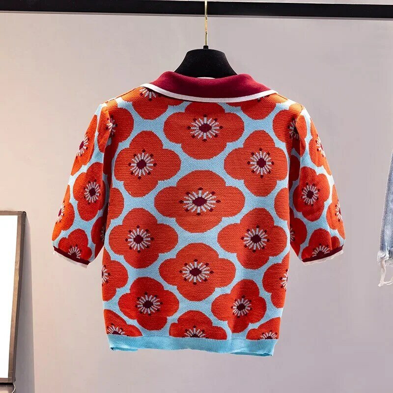 Suéter de punto con manga abullonada de Jacquard para mujer, Jersey fino con botones, Top corto Vintage, novedad de verano, 2024