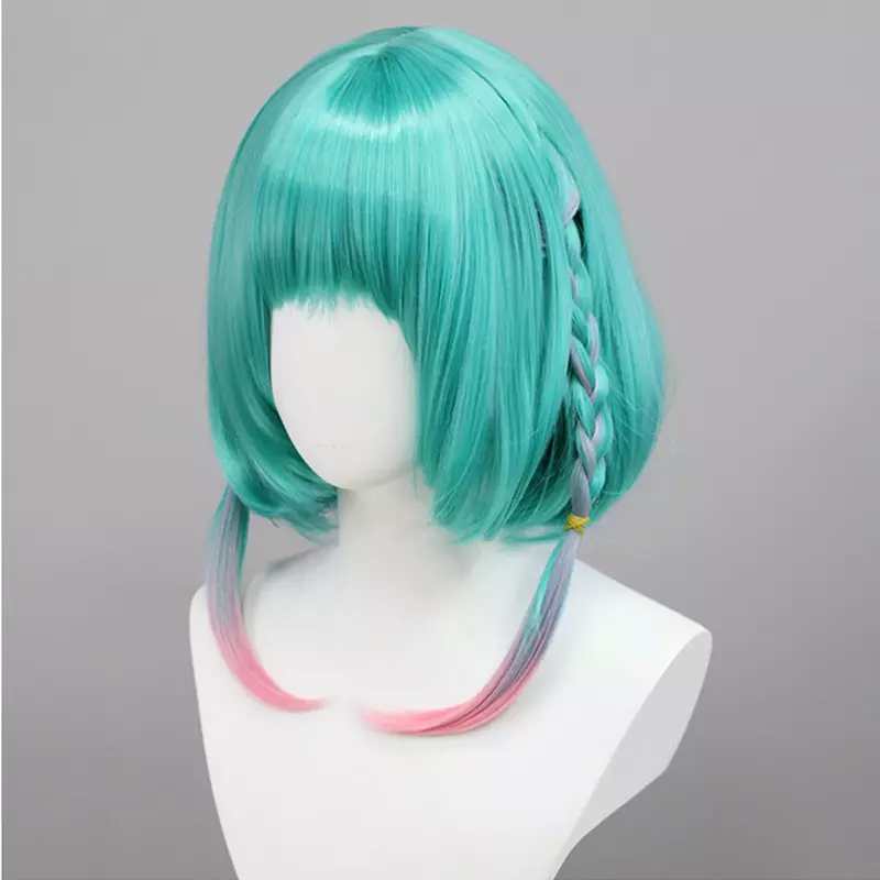 RANYU Wig rambut Cosplay wanita, rambut palsu permainan Anime lurus pendek gradien biru merah muda Ombre