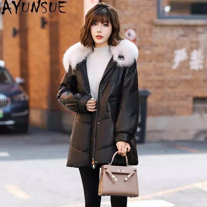 AYUNSUE-Jaqueta de couro real para mulheres, casaco de pele de carneiro genuíno, gola luxuosa de pele raposa, casacos de ganso branco solto, inverno