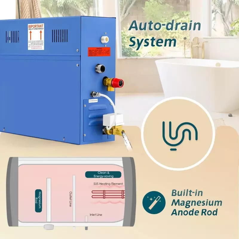 Steam Shower Generator Kit 6KW for Bath Sauna SPA, Self-draining System, Aromatherapy Steam Head, LED Waterproof Controller